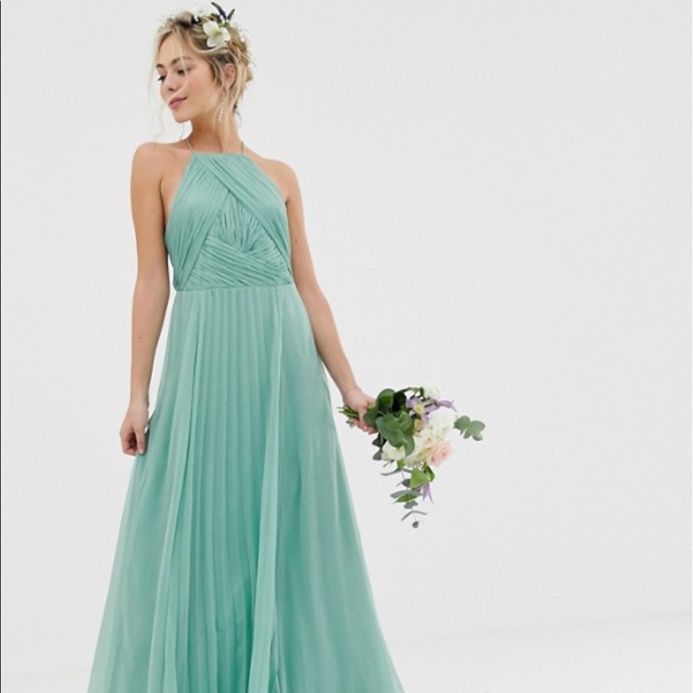 ASOS sage green chiffon maxi bridesmaid dress